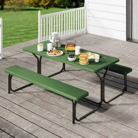 YITAHOME Picnic Table 6ft Heavy Duty Outdoor Picnic Table and Bench Resin Tabletop & Stable Steel Frame w/Umbrella Hole for Yard Patio Lawn Party