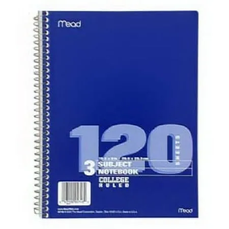 Mead Spiral Notebook, 3 Subject, College Ruled Paper, 120 Sheets, 10-1/2" x 8", Color Selected For You, 1 Count (05748)