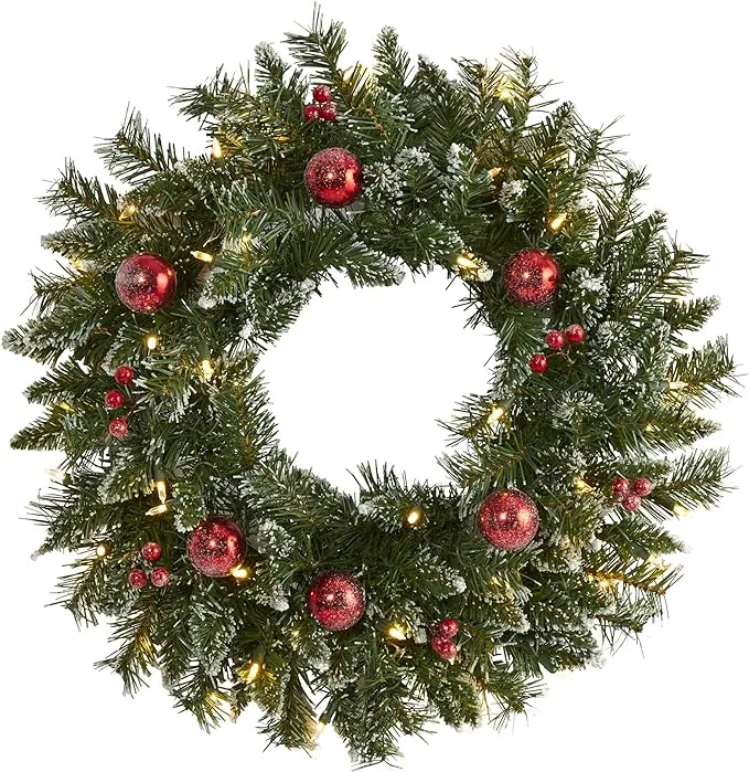 24in. Frosted Artificial Christmas Wreath with 50 Warm White LED Lights, Ornaments and Berries