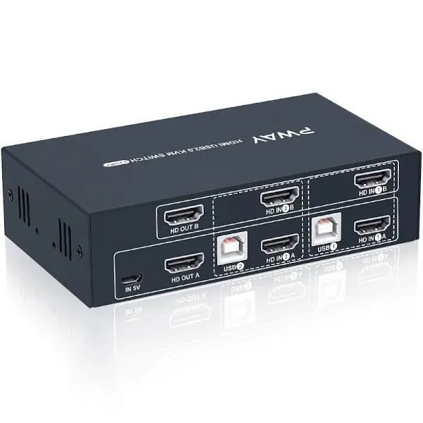 2 Port Dual Monitor KVM Switch HDMI 4K@30Hz, 2 USB 2.0 Hub, Supported Wireless Keyboard & Mouse and Hotkey Switch, No Power Adapter with 4 HDMI Cables