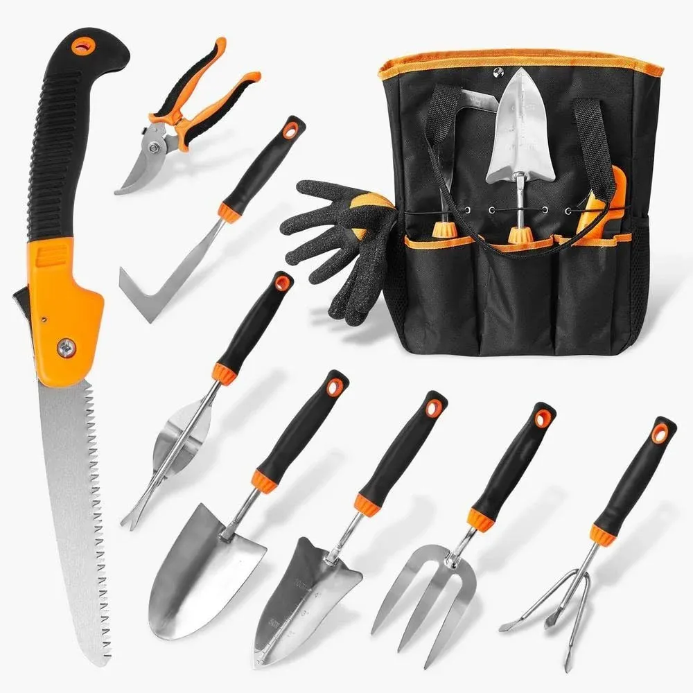 10-Piece Stainless Steel Heavy-Duty Garden Tool Set, Black