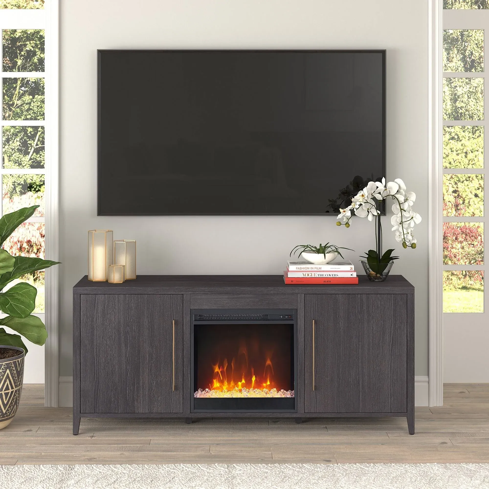 "Hudson & Canal - Jasper Rectangular TV Stand with Crystal Fireplace for TV's up to 65  in Charcoal Gray - TV1762"