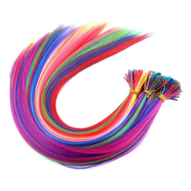 Jmzulnivst 20inch 100s/lot Rainbow Womens Synthetic Fiber I Tip Feather Hair Extensions Colored Hair for Women Kids Gift Cosplay Dress Up Party Highlights With Tools