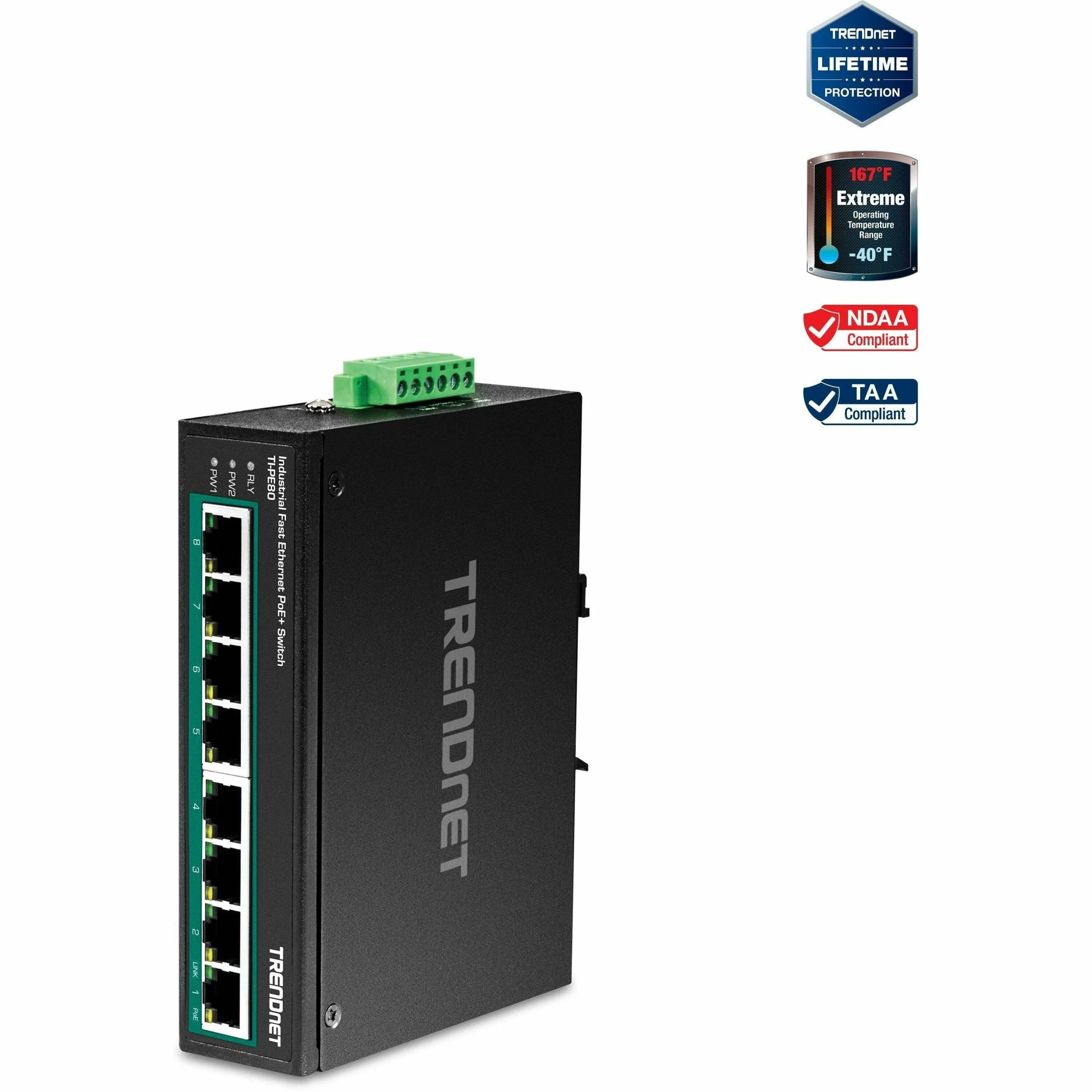 TRENDnet 8-Port Industrial Fast Ethernet PoE+ DIN-Rail Switch,TI-PE80,8 x Fast Ethernet PoE+ Ports,IP30 Network Unmanaged Switch,200W PoE Power Budget, 1.6Gbps Switching Capacity, Lifetime Protection