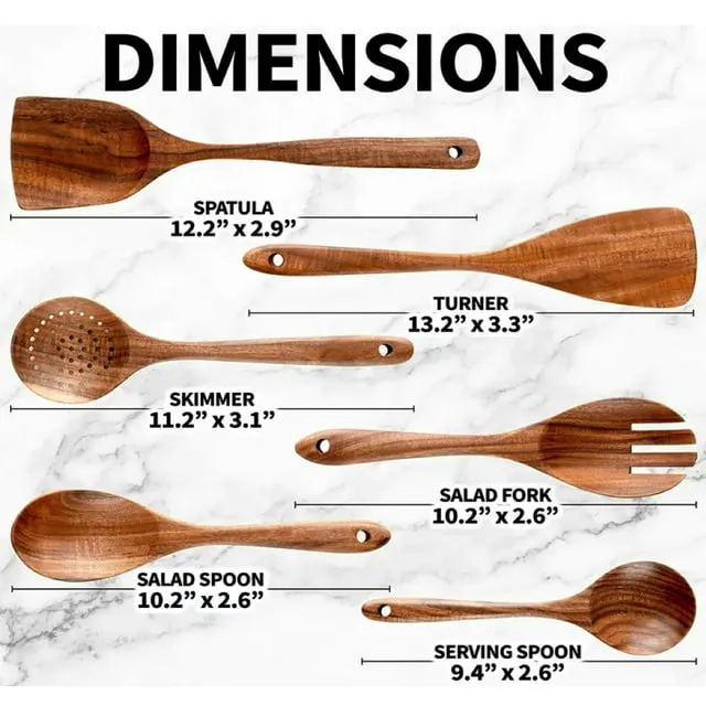 Non-Scratch Teak Wooden Cooking Spoons 6 Piece Utensil Set