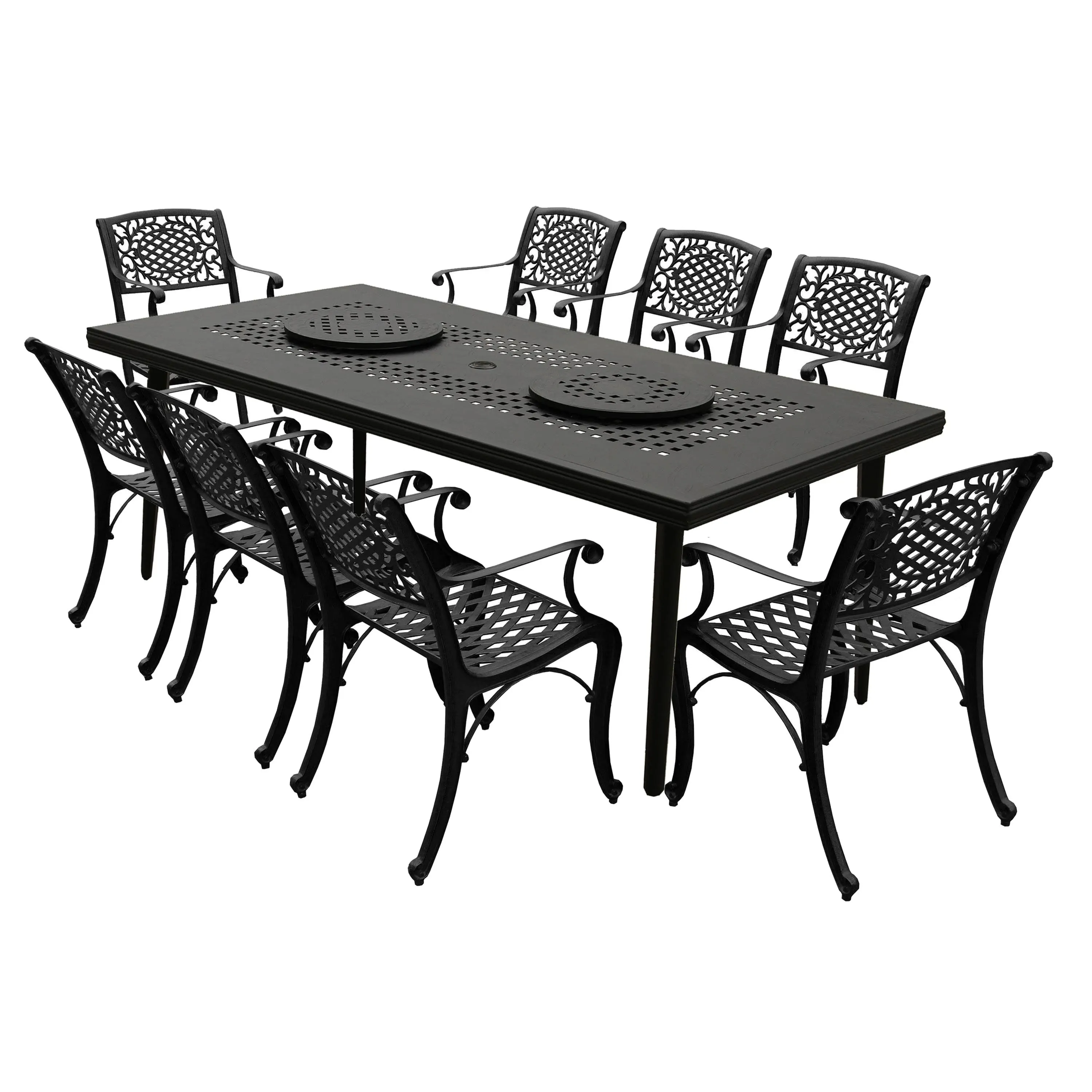 Oakland Living Modern Ornate Outdoor Mesh Aluminum 84-in Large Black Rectangular Patio Two Lazy Susans and Eight Chairs Dining Set