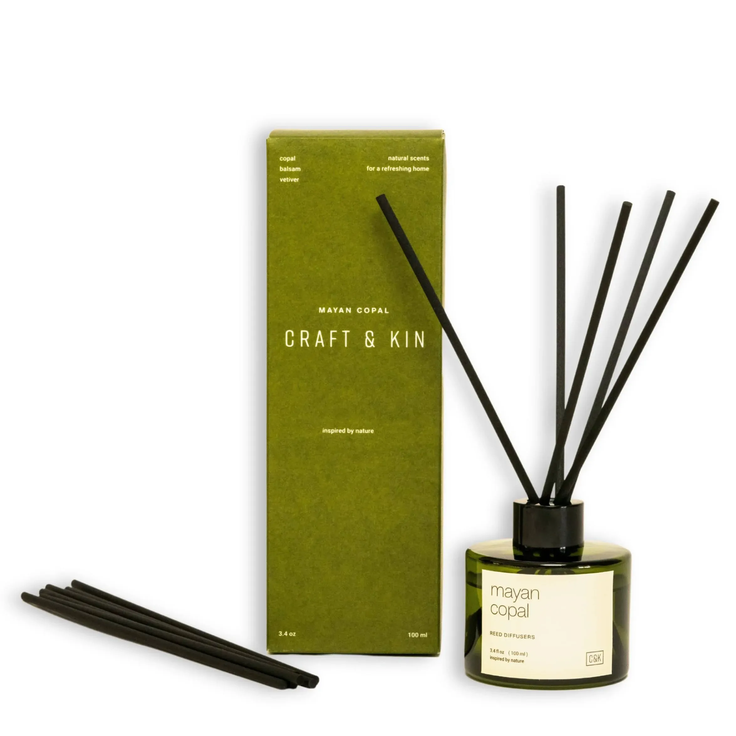 Craft & Kin Reed Diffuser Set for Home with Mayan Copal Scent, Green