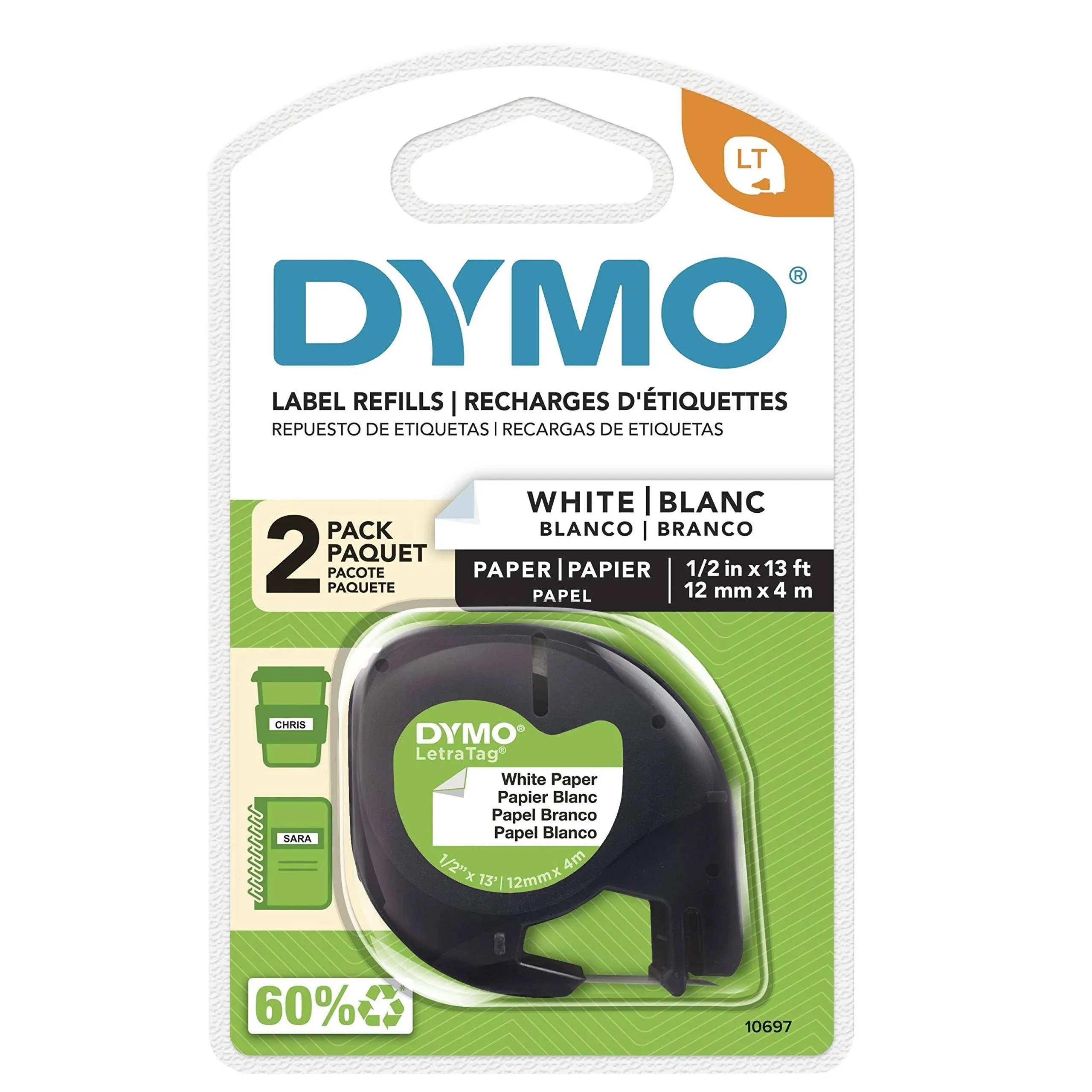 DYMO LetraTag Paper Label Tape Cassettes 1/2&#034; x 13ft White 2/Pack 10697