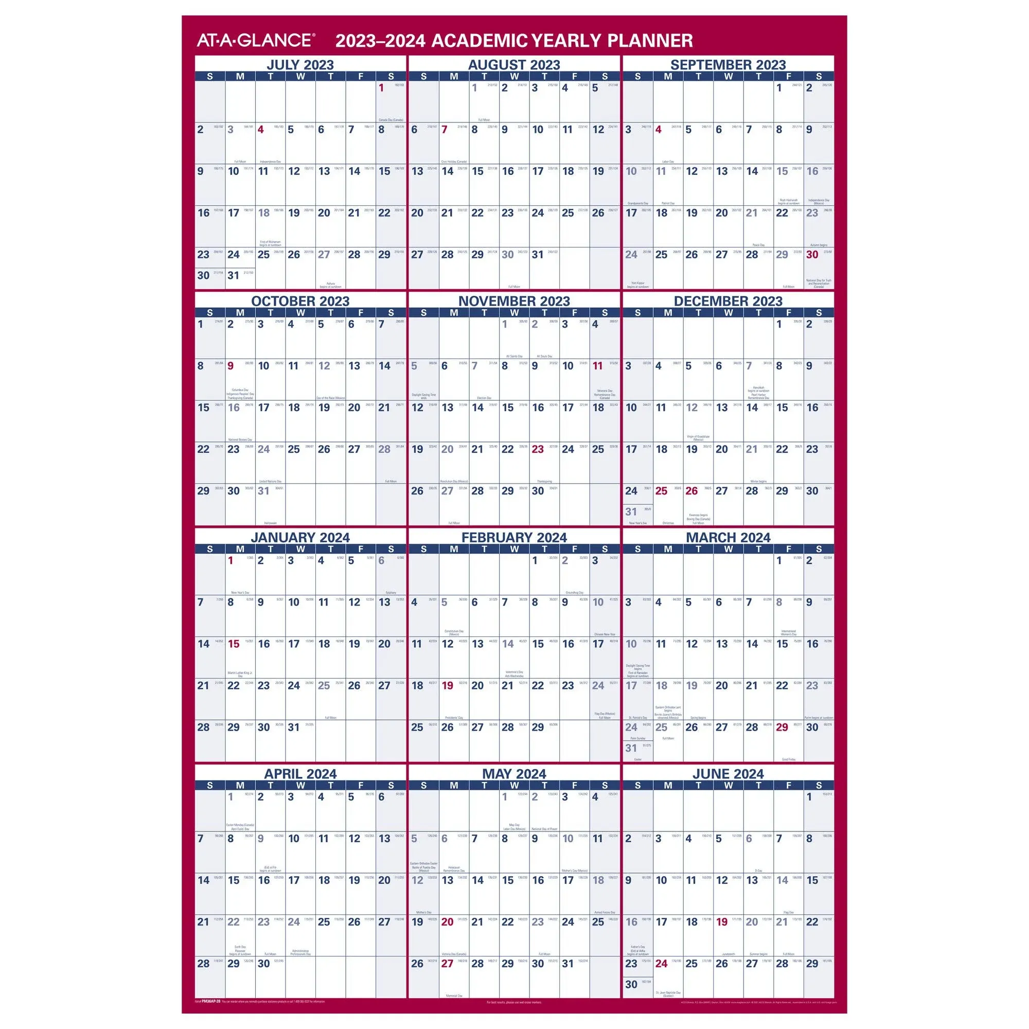 AT-A-GLANCE Academic Erasable Wall Calendar