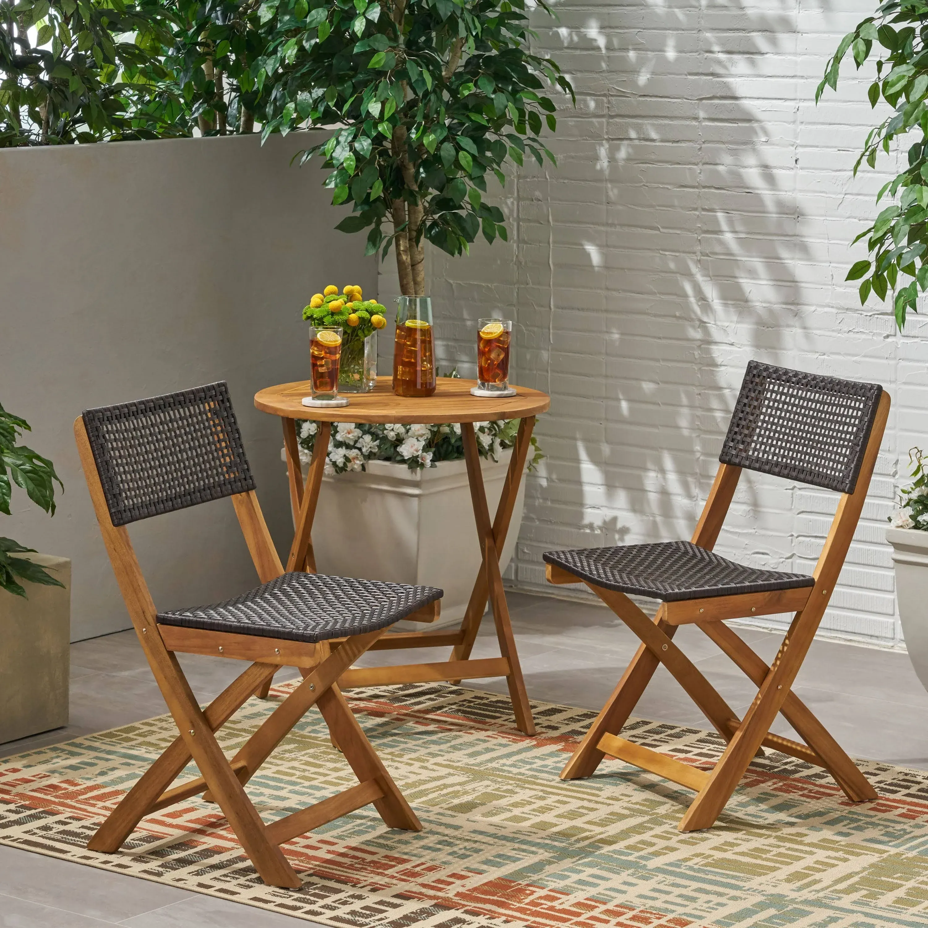 Truda Outdoor Acacia Wood Foldable Bistro Chairs with Wicker Seating (Set of 2 ...