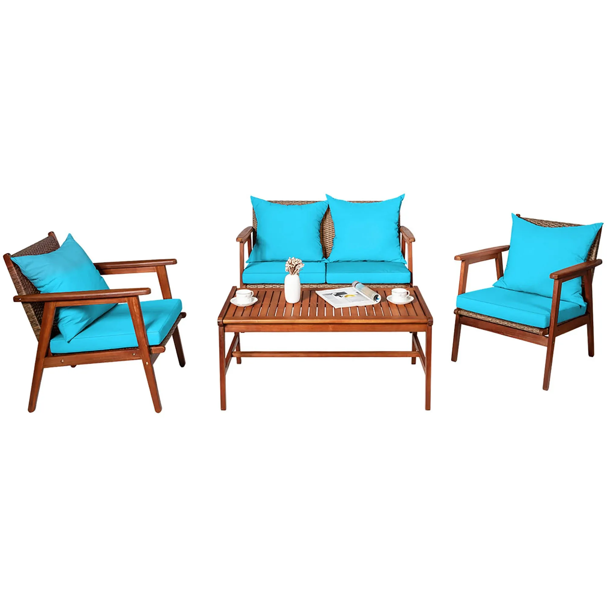 Costway 4PCS Patio Rattan Furniture Set Acacia Wood Frame Cushioned Sofa Chair ...