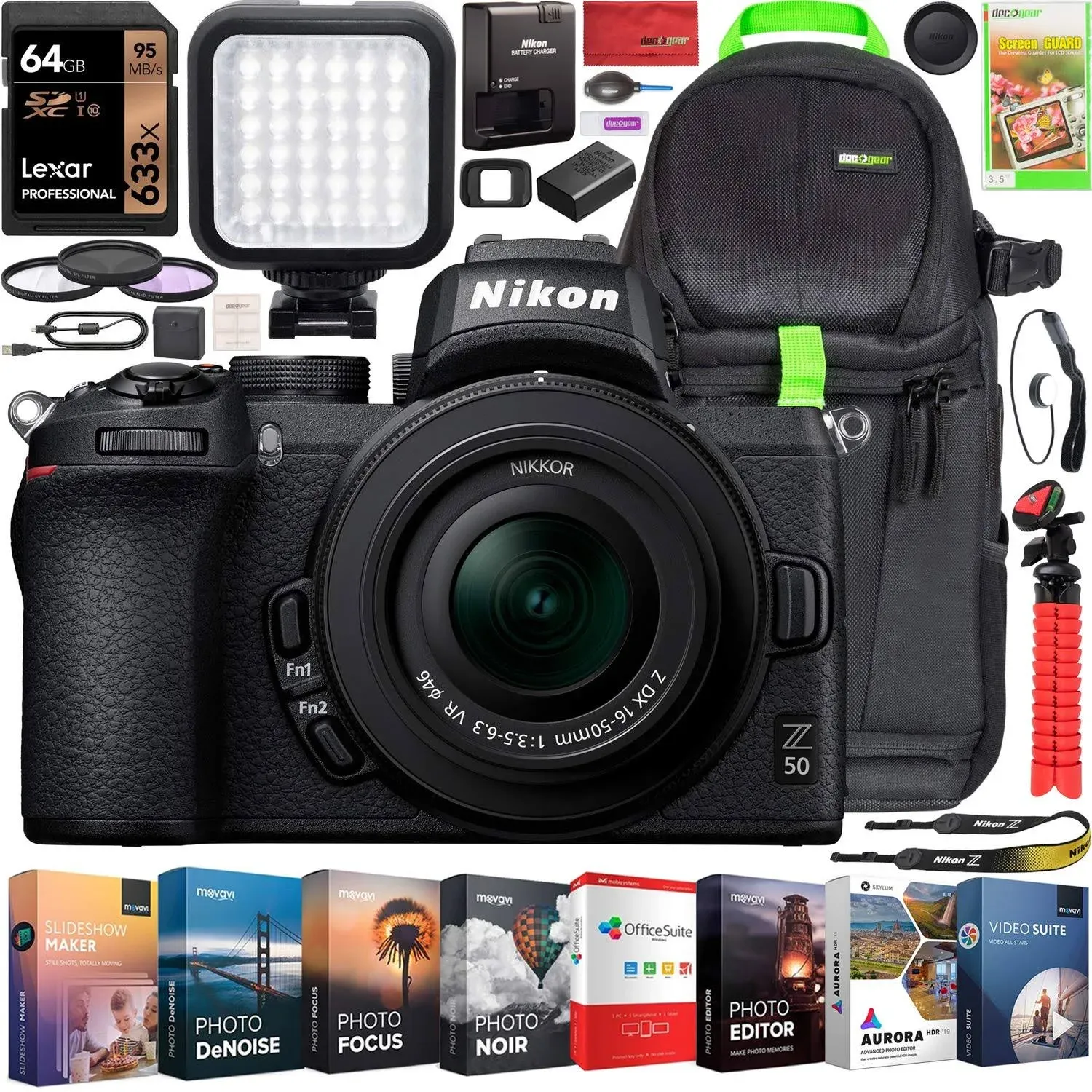 Nikon Z50 Mirrorless Camera Body + 3 Lens Kit 16-50mm Z VR + 32GB + Flash & More