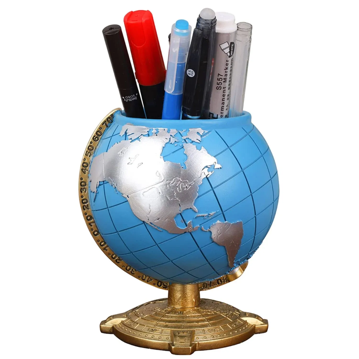 Globe Pen Holder Desk Decor Organizer Cute Cool Fun Vintage Pencil Cups Gifts for Teacher Kids Men Desk Accessories for Office Home School (Blue)