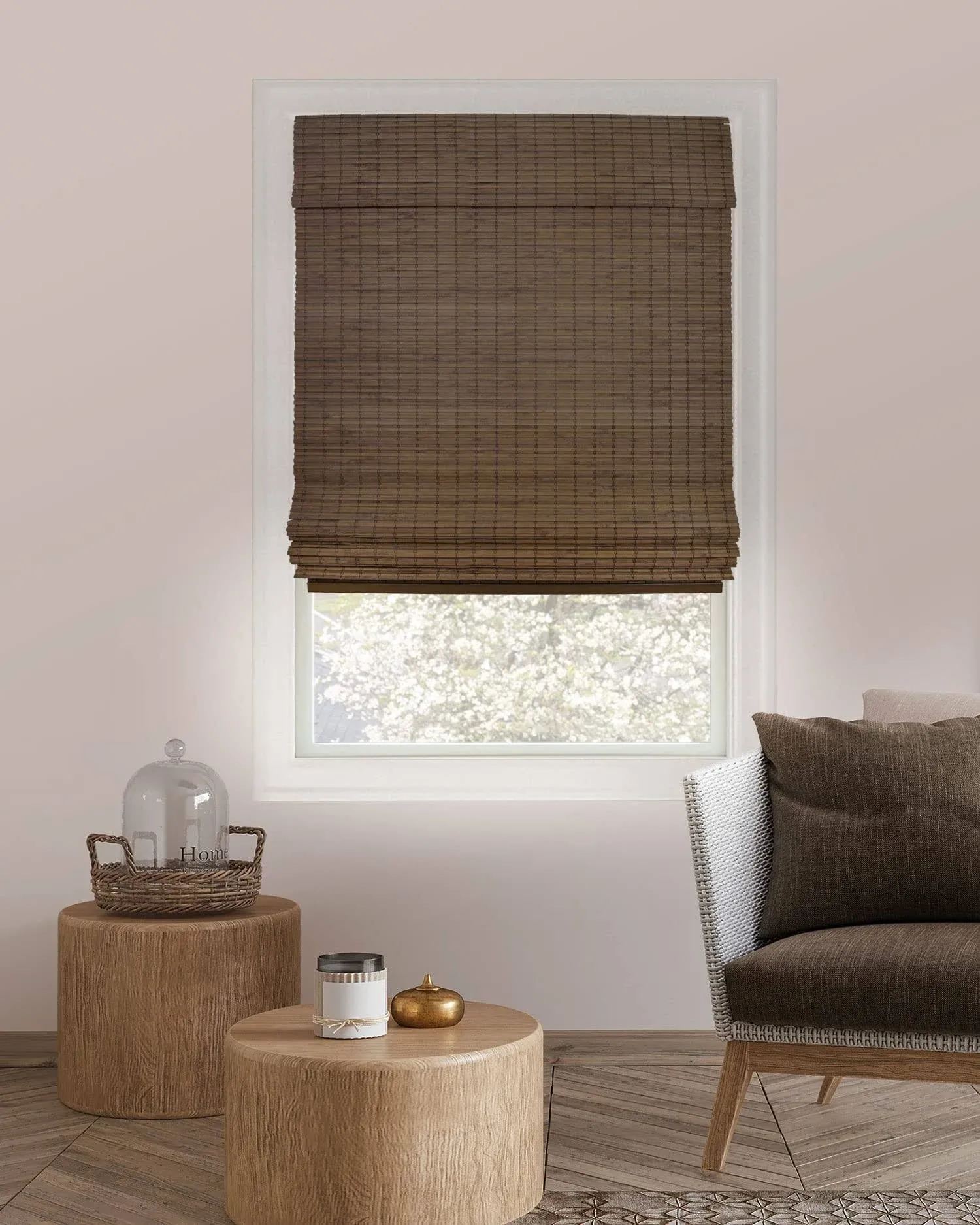 Premium True-to-Size Brown Moose Cordless Blackout Natural Woven Bamboo Roman Shade 47 in. W x 64 in. L