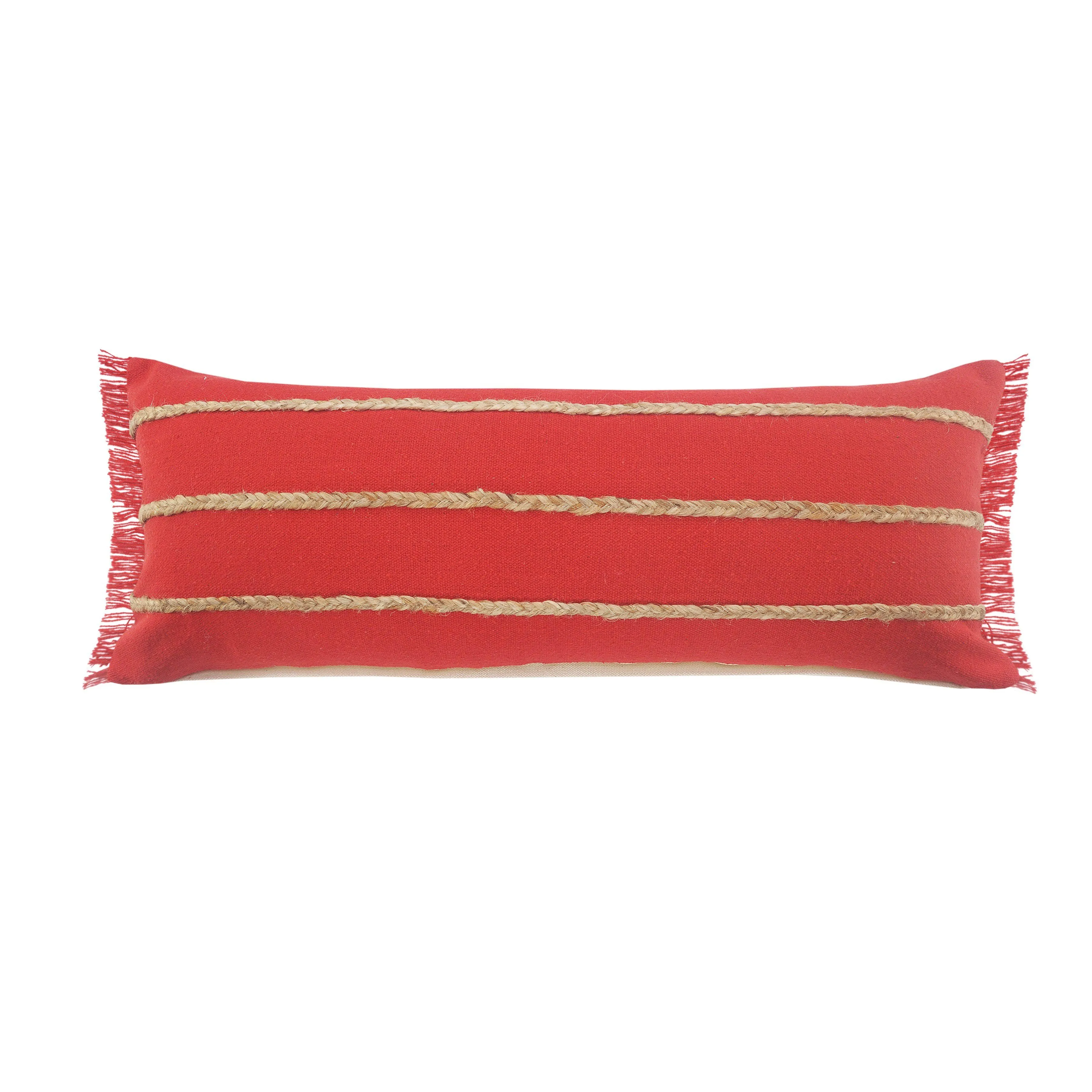 LR Home Atlantis Americana Solid Jute Braiding Lumbar Pillow, Red/Tan, 14" x 36"