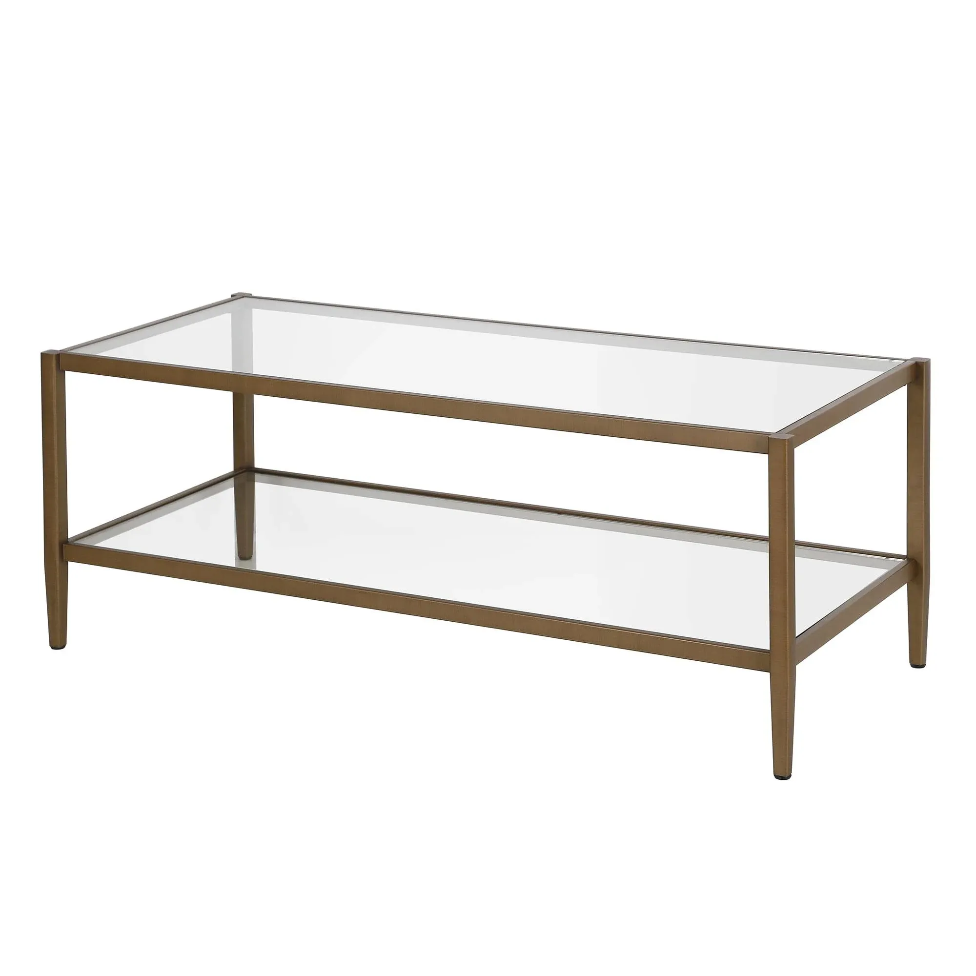 Henn&Hart 45" Wide Rectangular Coffee Table with Glass Shelf in Antique Brass, Coffee Table coffee tables for living room, studio apartment essentials