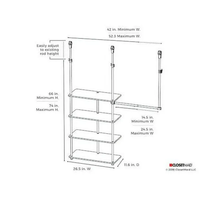 ClosetMaid 55300 Closet Maximizer with (4) Shelves & Double Hang Rod, Tool Free Add On Unit, White Finish,11.6 x 53 x 74 inches