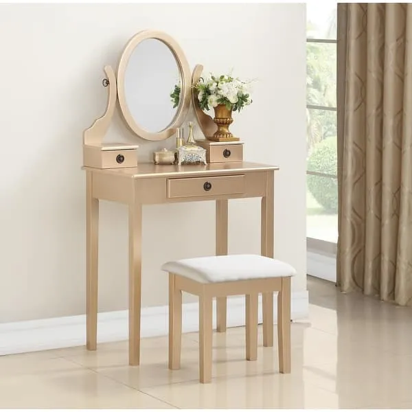 Roundhill Furniture Moniys Wood Moniya Makeup Vanity Table and Stool Set