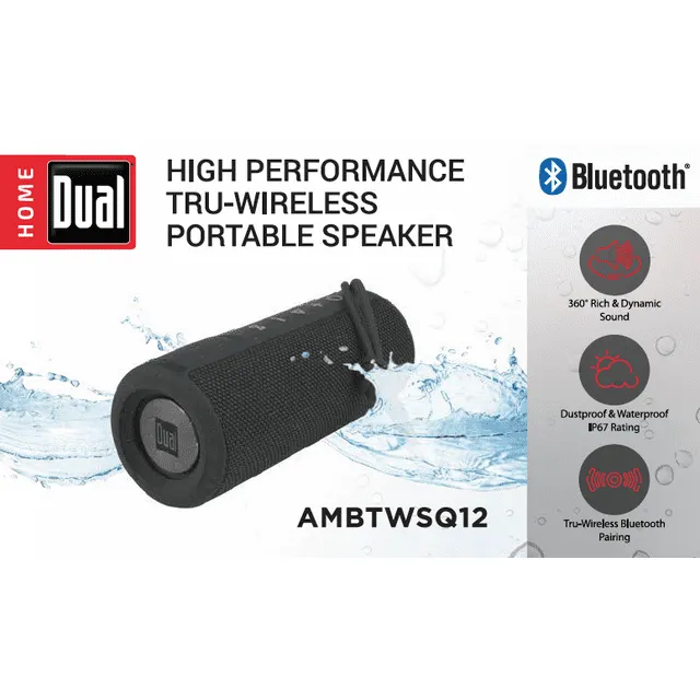 Dual Electronics AMBTWSQ12 Wireless Portable Bluetooth Speaker|TruWireless Bluetooth Stereo|Water Resistant IPX6 & Floats |360 Rich Dynamic Sound|100ft Wireless Range|15 Hour Playtime