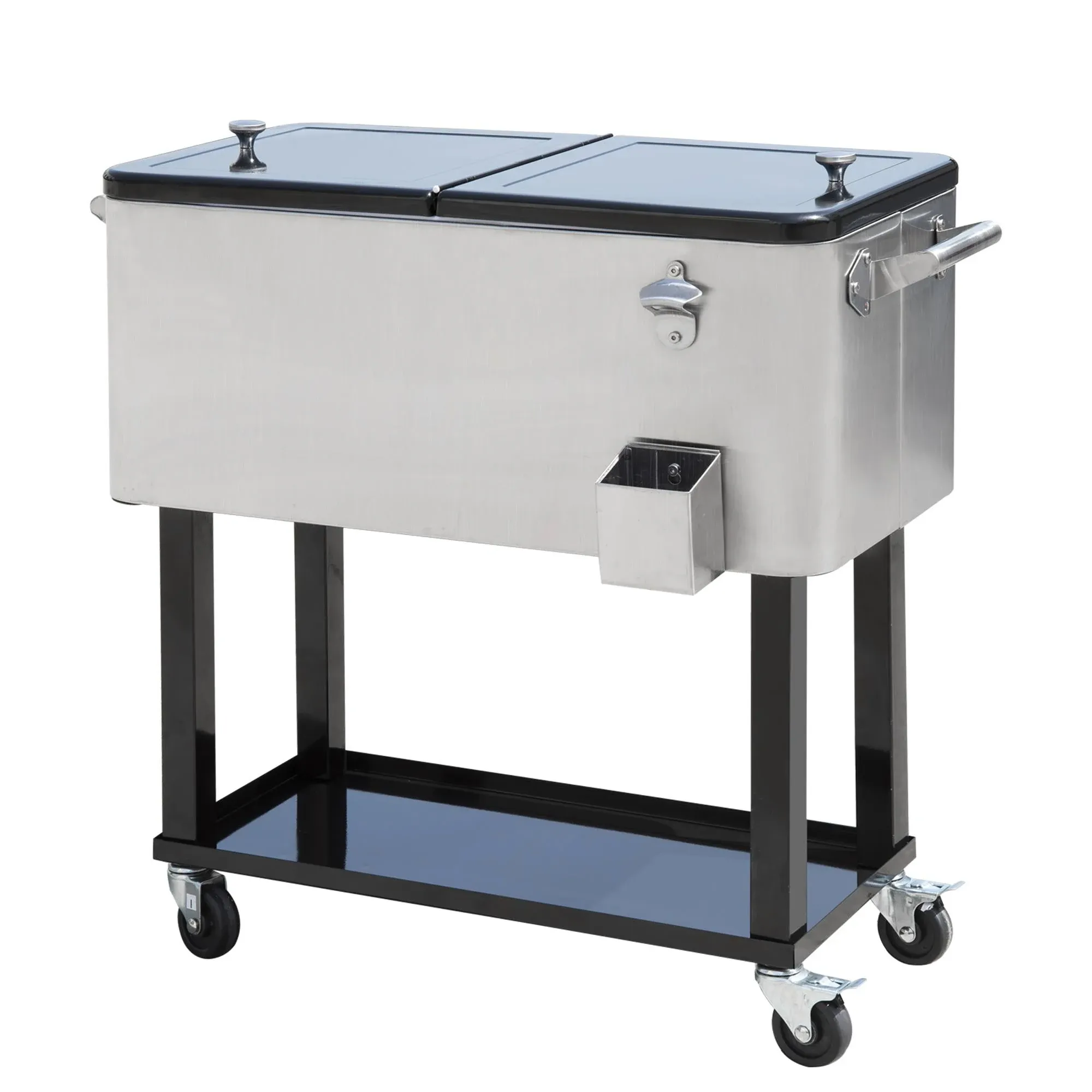 80-quart Stainless Steel Patio Cooler Portable Ice Cooler Cart Rolling Party Drink Entertaining Outdoor Cooler Cart - Silver