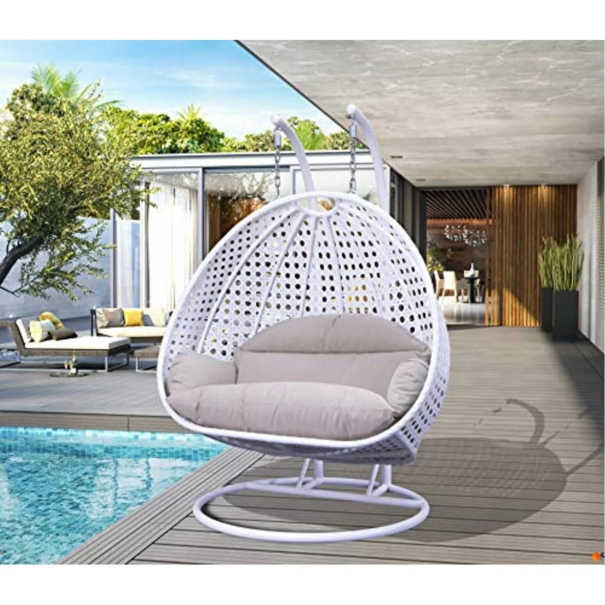 LeisureMod Beige Wicker Hanging 2 Person Egg-Shaped Swing Chair, White