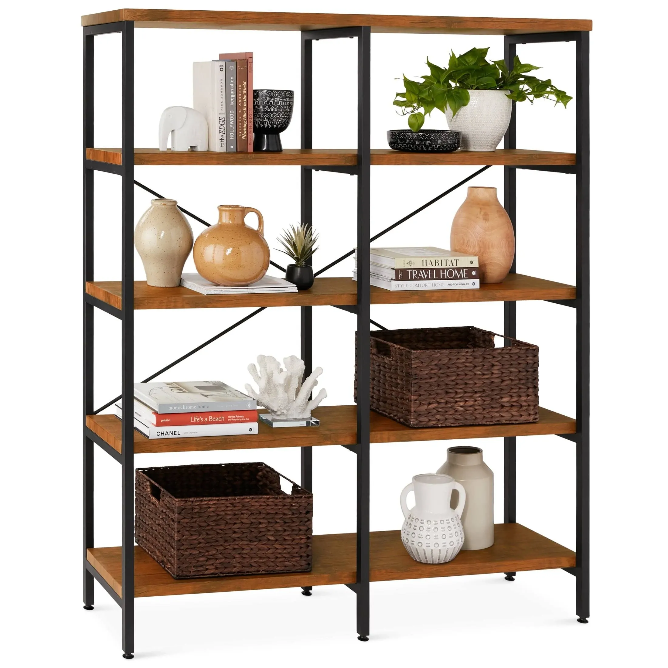 Best Choice Products Large Bookshelf 5-Tier Decorative Home 55in Double Wide Bookcase Furniture for Living Room Storage, Walkway, Entryway w/Industrial Shelves - Gray