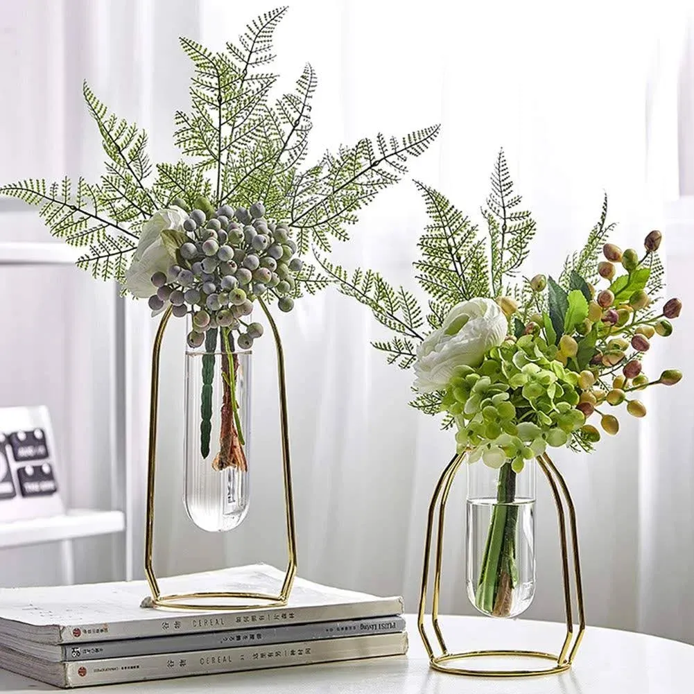 Flower Vases With Iron Art Frame, Metal Geometric Flower Vase, Clear Vase