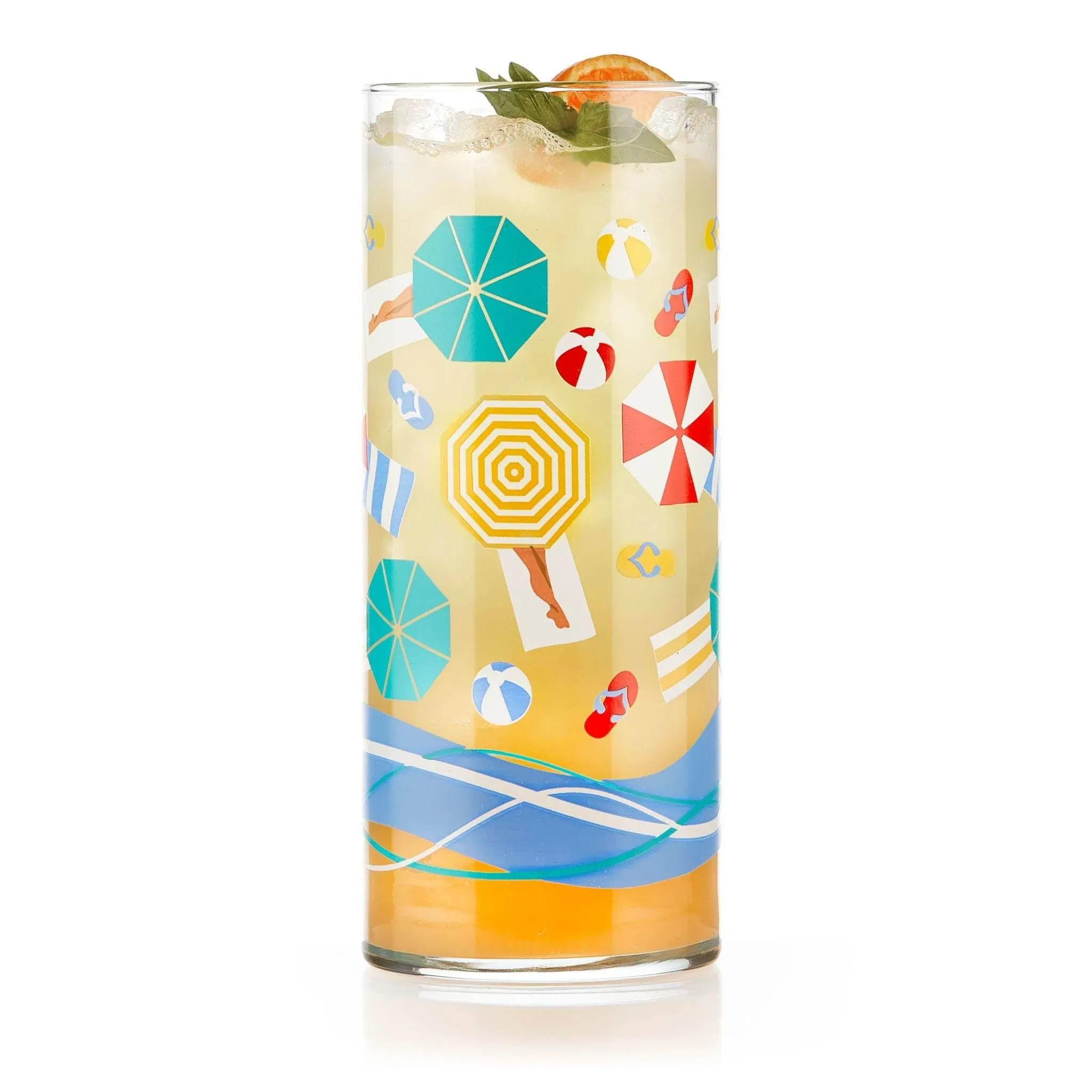 Libbey Vintage Beach Drinking Glasses Set of 4, Colorful, Retro Beach Design Glass Cups Set, Dishwasher Safe Water Glasses Set for Juices, Cocktails