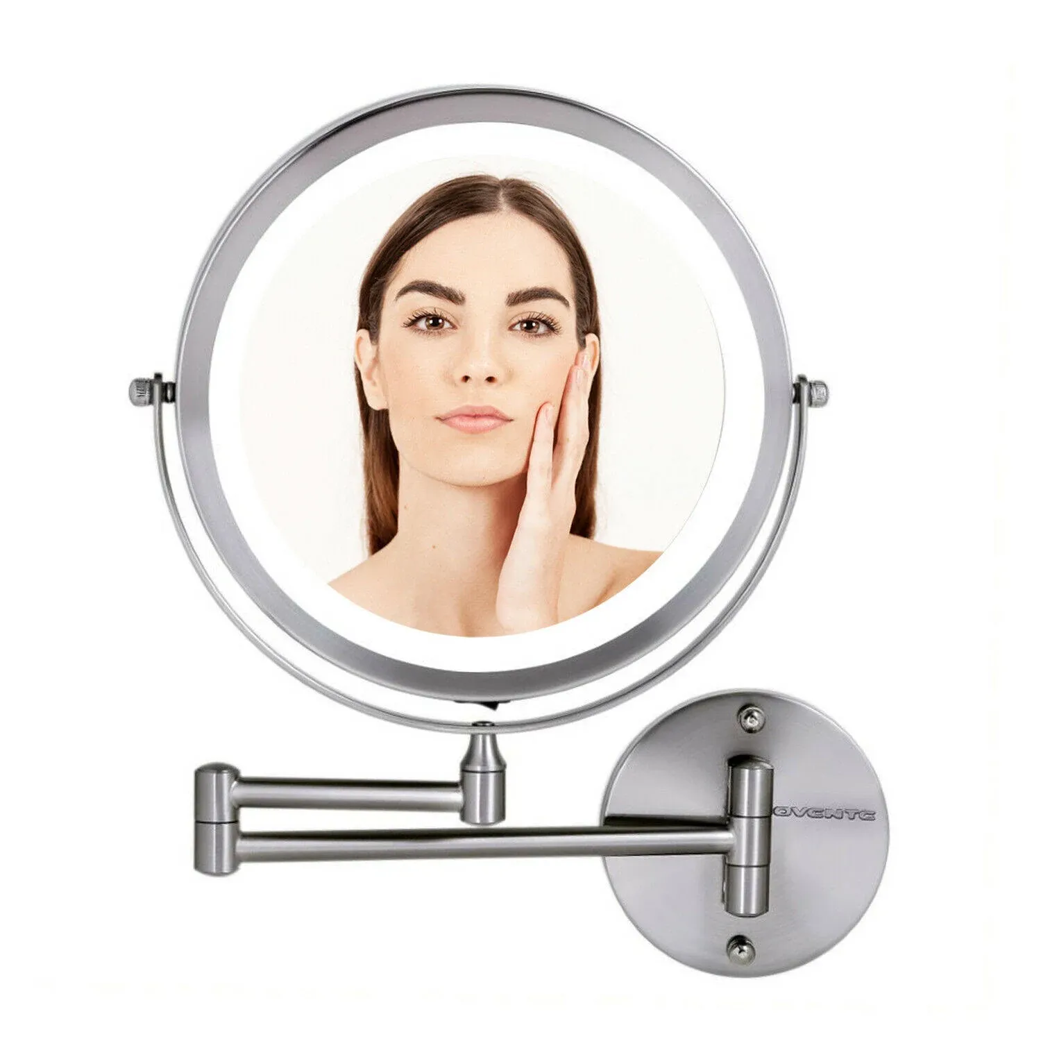 OVENTE 9" Lighted Wall Mount Makeup Mirror with 1X/7X Magnification, Cordless Double Sided Magnifying Round Vanity Mirror, 360° Swivel Design, Extendable and Folding Arm, Nickel Brushed MFW85BR1X7X