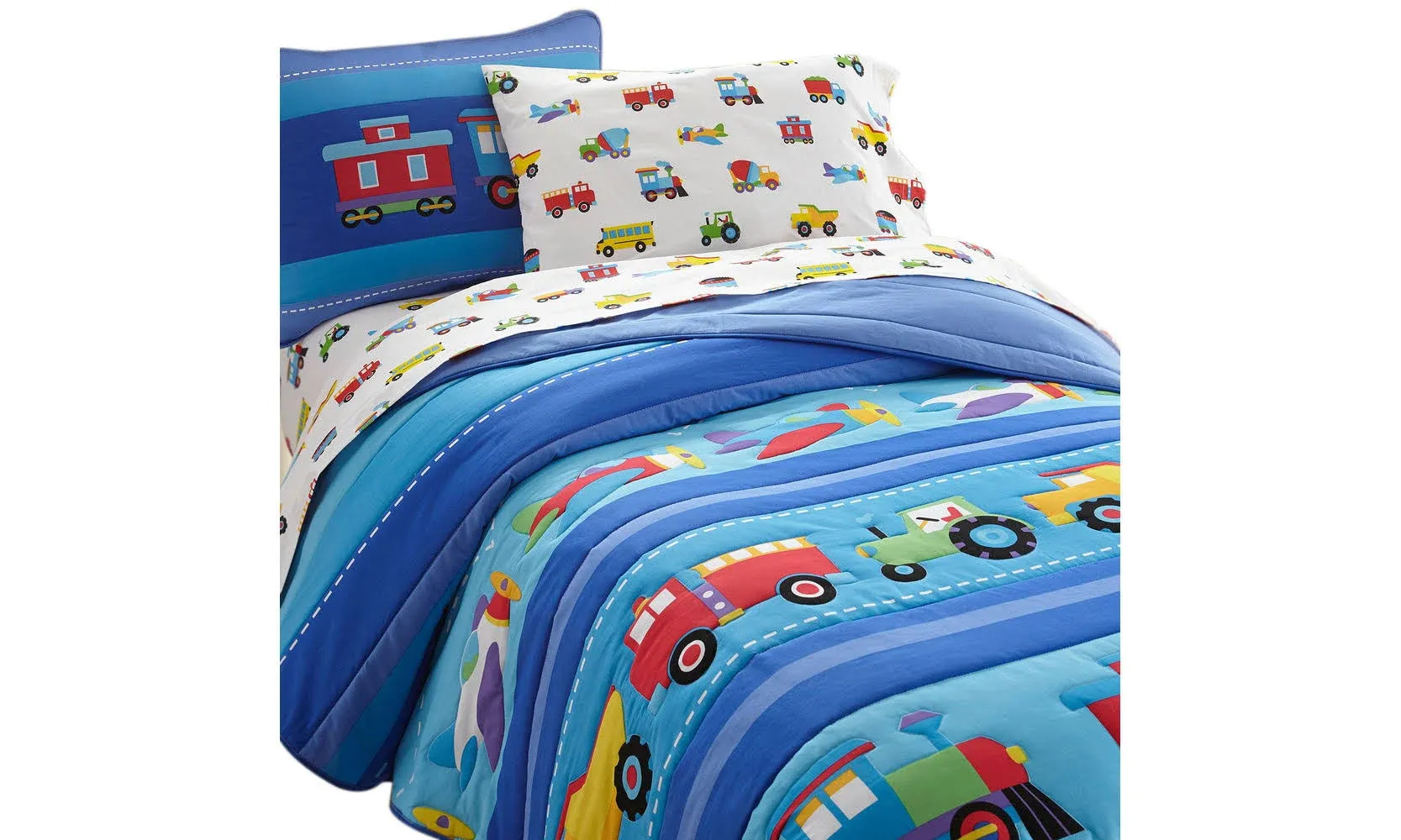 Wildkin Kids 100% Cotton Twin Comforter for Boys & Girls, Includes Lightweight Comforter and One Pillow Sham, Comforter for Kids Fits Standard Twin Mattress (Trains Planes & Trucks)