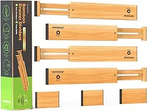 ANTOWIN Bamboo Drawer Dividers, Expandable Drawer Organisers, Adjustable Spring Loaded Kitchen Utensil Drawer, Clothes, Tools Bathroom, Baby Drawer