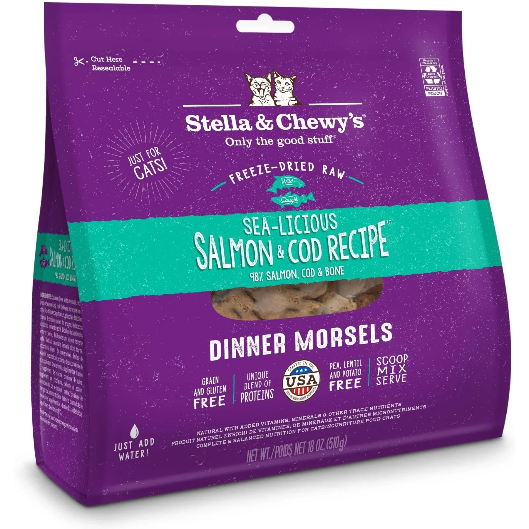 Stella & Chewy's Freeze Dried Sealicious Salmon & Cod Dinner Morsels Cat Food, 18 oz.