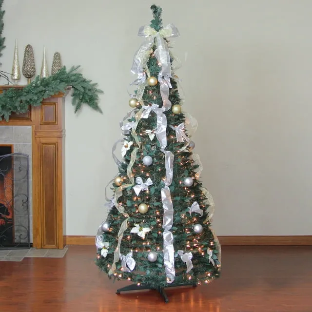 4&#039; Silver &amp; Gold Pull-Up Christmas Tree by Holiday Peak, Pre-Lit Decorated