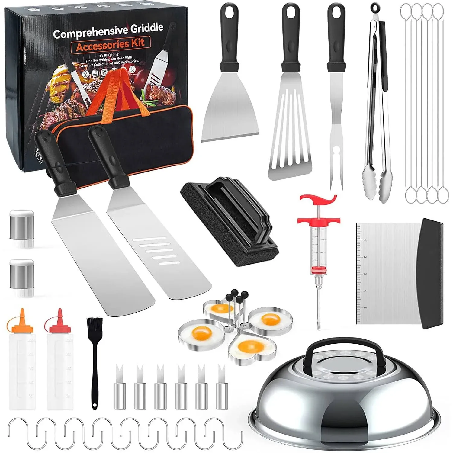 FXFSTEEL Griddle Accessories Kit, 25Pcs Grill Tools Set BBQ Long-Handle Spatula, Fork, Meat Knife, Scraper, Tongs, Egg Ring, Basting Cover with Carrying Bag for Blackstone Outdoor Griddle Camping