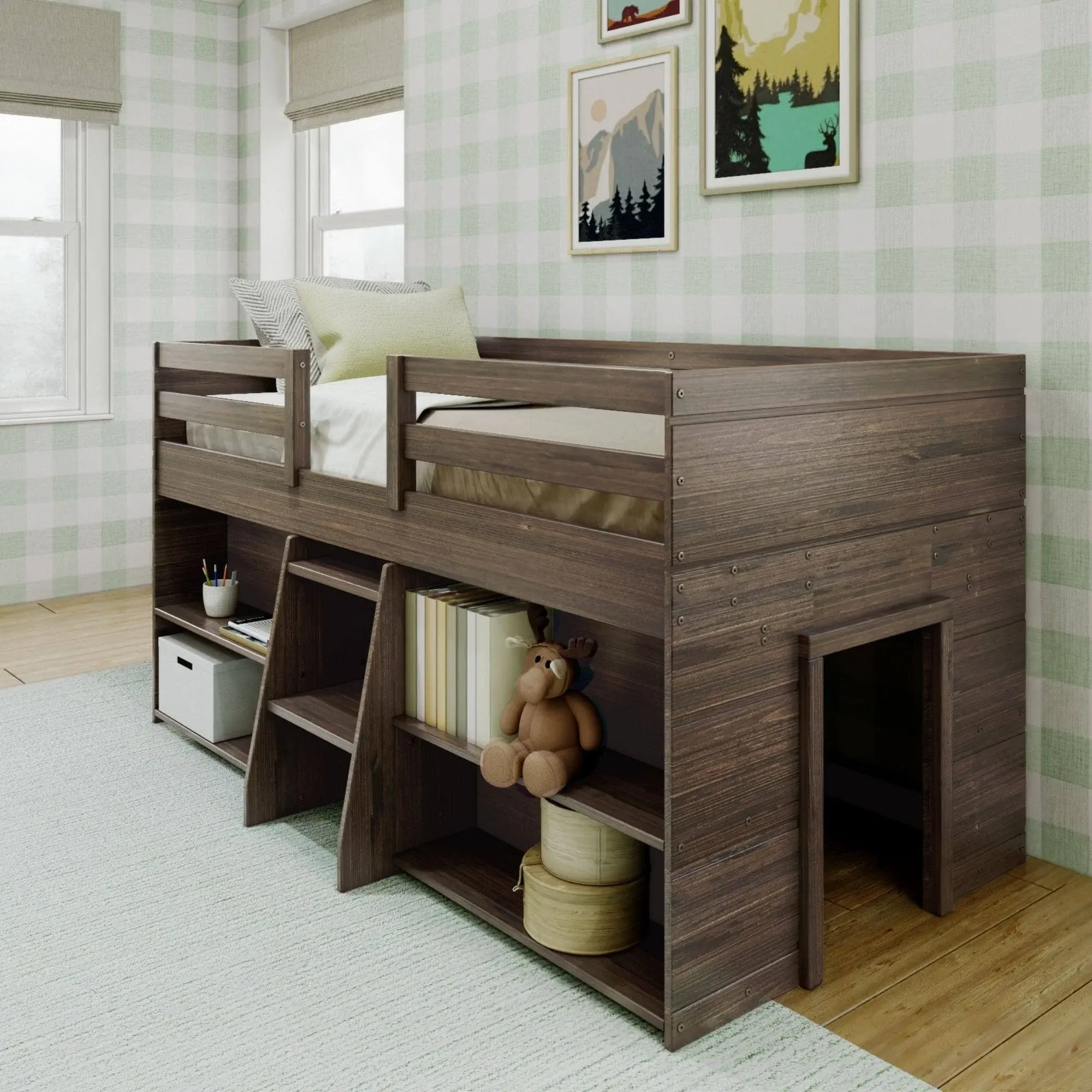 Max and Lily Farmhouse Twin Low Loft Bed with 2 Bookcases