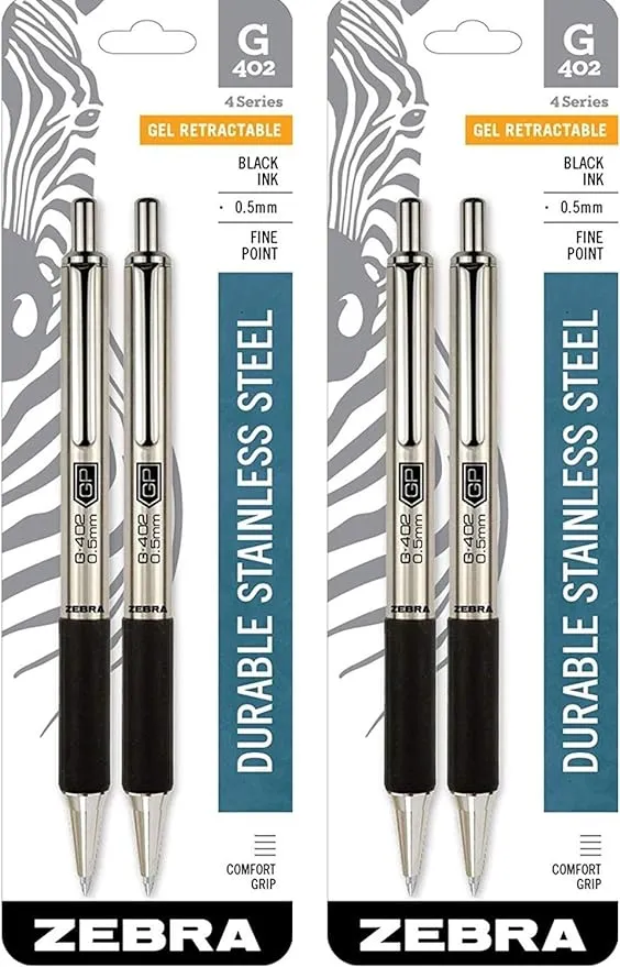 Zebra G-402 Stainless Steel Retractable Gel Pen, Fine Point, 0.5mm, Black Ink, 2-Count