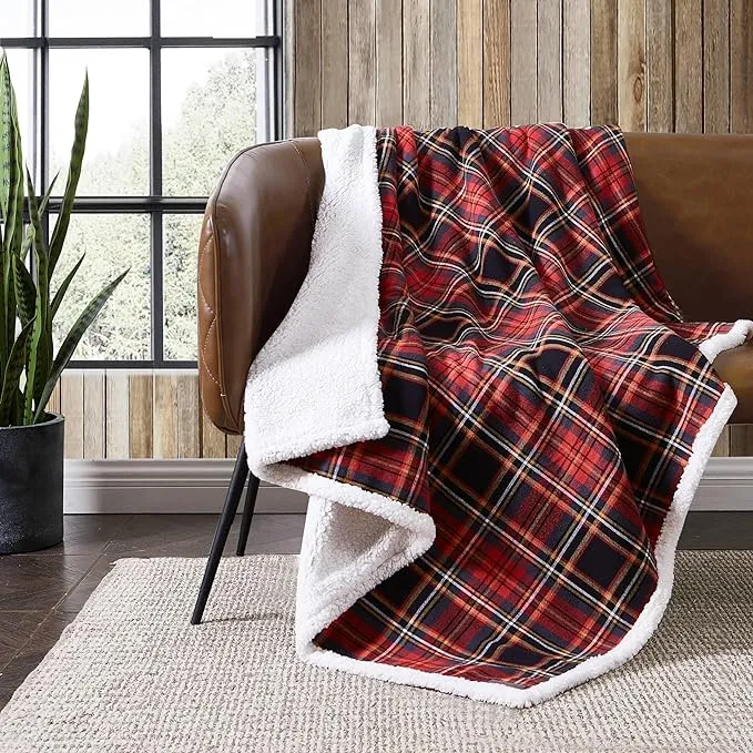 Eddie Bauer Montlake Plaid & Sherpa Reversible Throw Blanket, Red