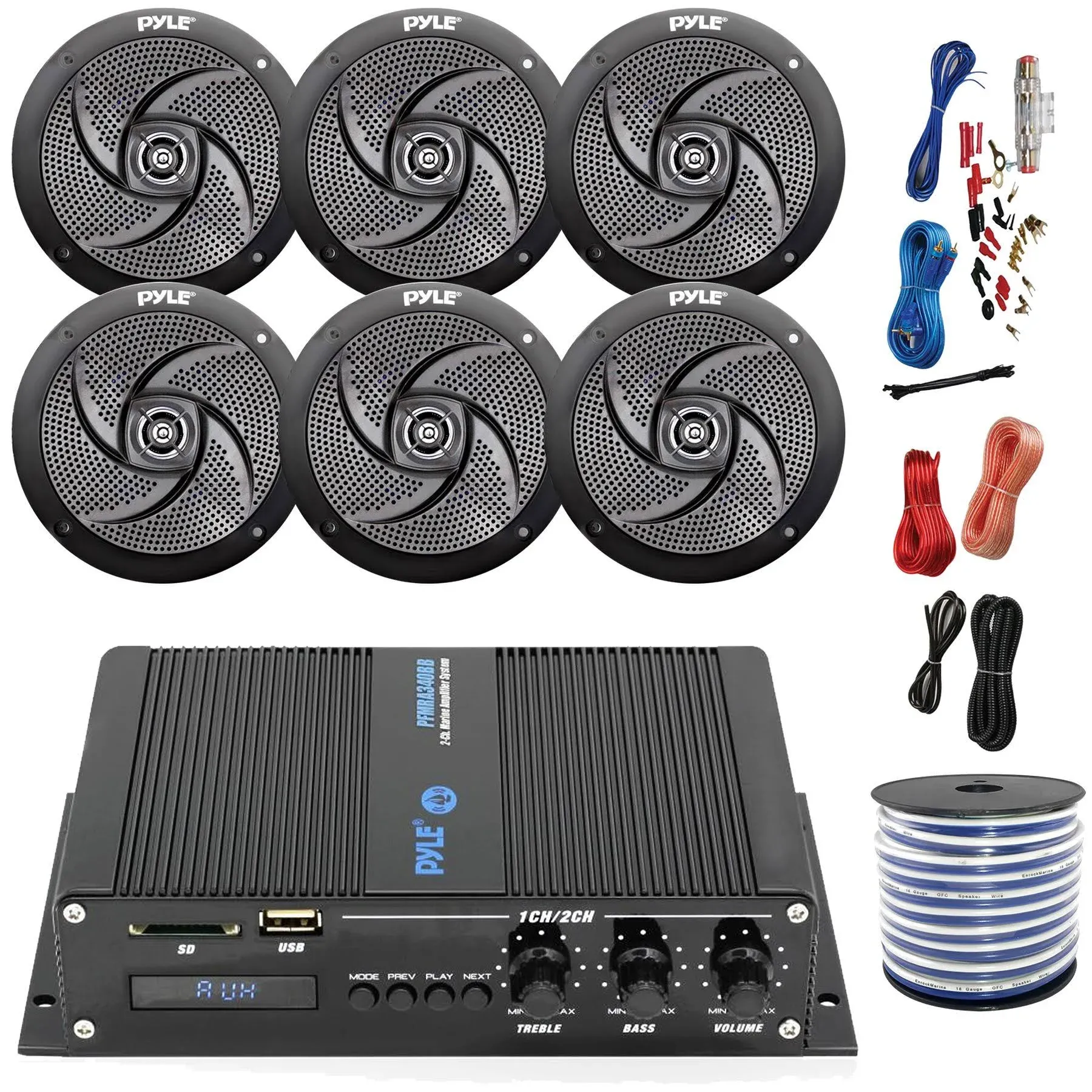 Pyle Marine 6-Channel Bluetooth Amp + Kit, 6x 5.25&#034; Black Speakers, 50 Ft Wire