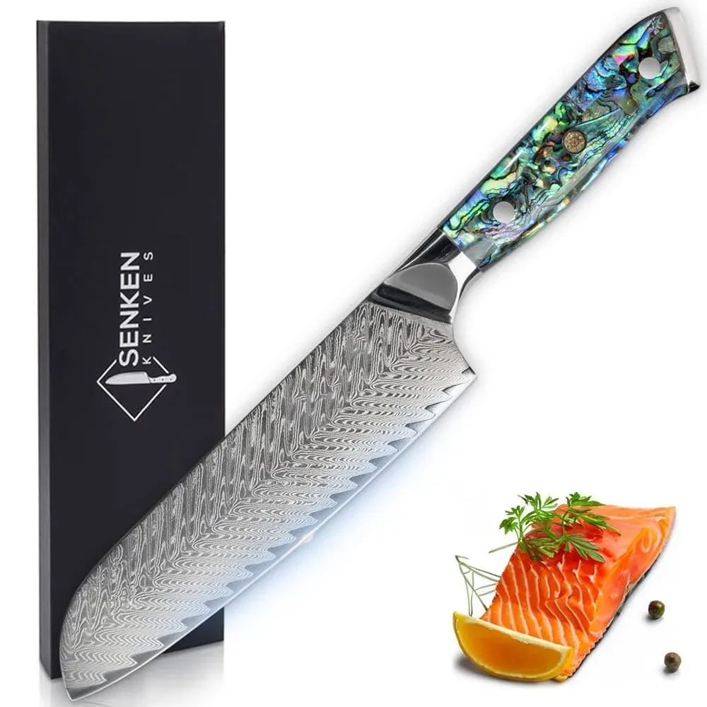 SENKEN Damascus Steel 7" Japanese Santoku Knife with Real Deep-Sea Abalone Shell ...