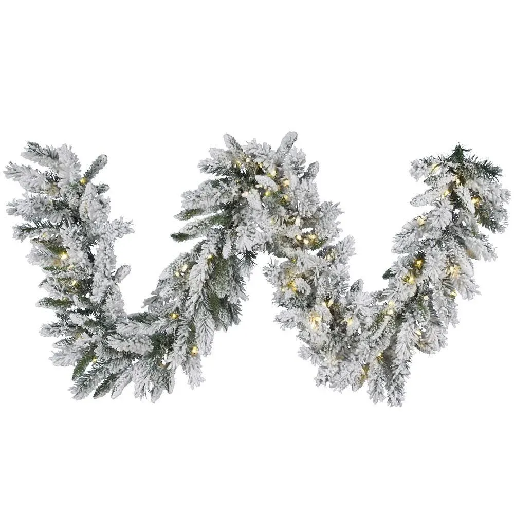 Vickerman 9' Snow Ridge Artificial Christmas Garland - Pure White LED Lights - Faux Snowy Christmas Garland - Flocked Garland - Indoor Seasonal Home Decor