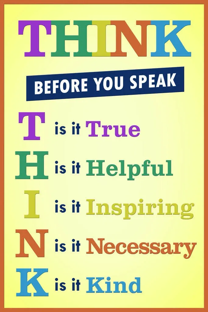 Classroom Think Before You Speak Motivaltional Inspirational Yellow Educational Teacher Learning Homeschool Chart Display Supplies Teaching Aide Cool Wall Art Print Poster 12x18