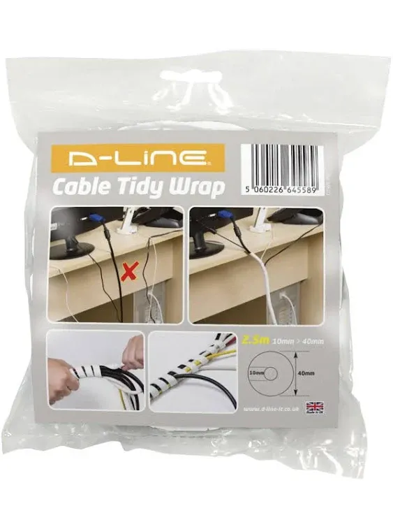 D-Line Cable Spiral Wrap Cable Management Solution to Organize Cords 8.2 Feet Long (White)