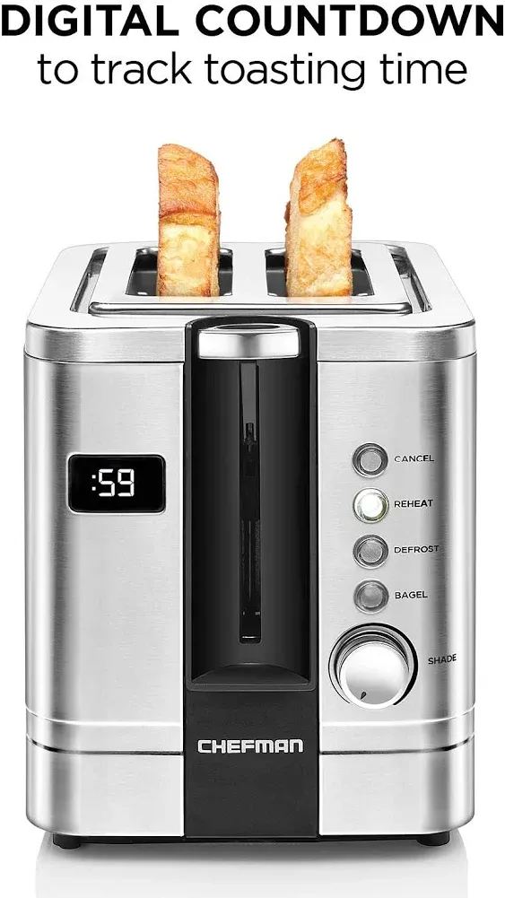 Chefman 2-Slice Digital Toaster, Pop-Up, Stainless Steel, Extra-Wide Slots For Bagels, Defrost, Reheat, Cancel Functions, Removable Crumb Tray