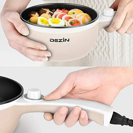 Dezin Electric Cooker Upgraded, Non-Stick Sauté Pan, 1.5L Mini Electric Fondue Pot for Cheese, Stir Fry, Roast, Steam with Power Adjustment, Perfect for Ramen, Steak, Pink (Egg Rack Included)