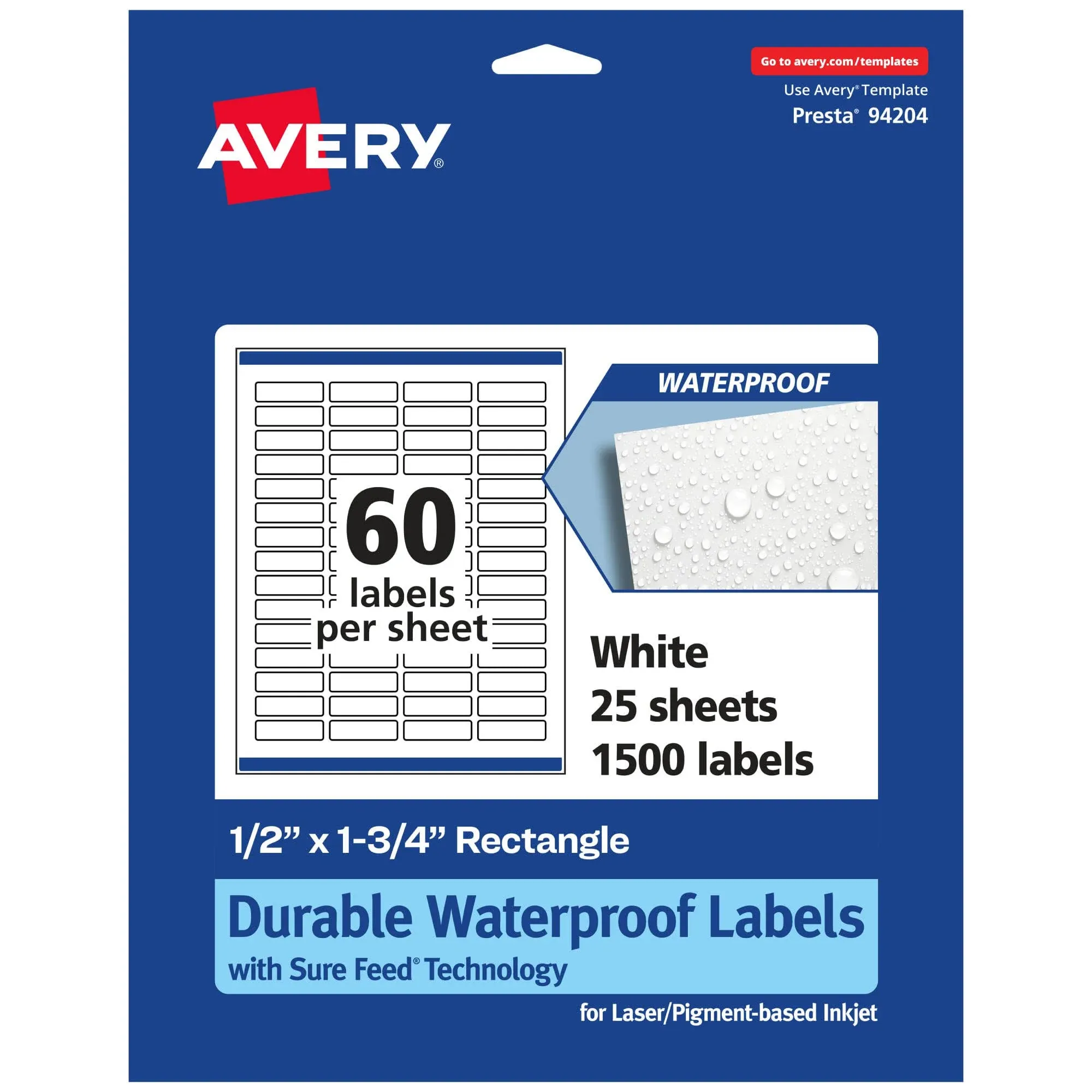 Avery Durable Waterproof Rectangle Labels with Sure Feed, .5" x 1.75", 1,500 Oil and Tear-Resistant Waterproof Labels, Print-to-The-Edge, Laser/Pigment-Based Inkjet Printable Labels