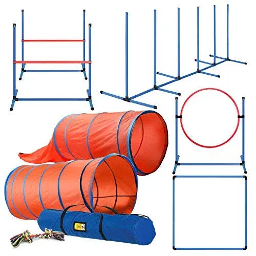 Cheering Pet Deluxe Dog Agility Training Equipment Set, 2 Dog Jump, Hurdle, Blind and Standard Tunnel and Weave Poles, Premium Dog Agility Exercise