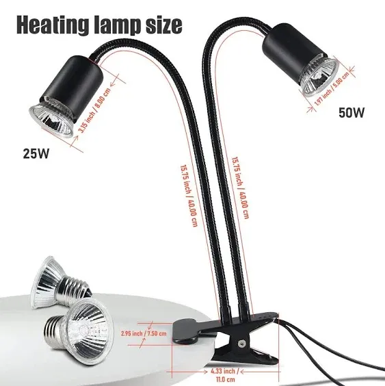 Reptile Heat Lamp, Double-Head Heat Lamp with Clamp, UVA UVB Reptile Light with Intelligent Cycle Timer for Turtle, Bearded Dragon, Lizard and More, 2 Bulbs 25W+50W