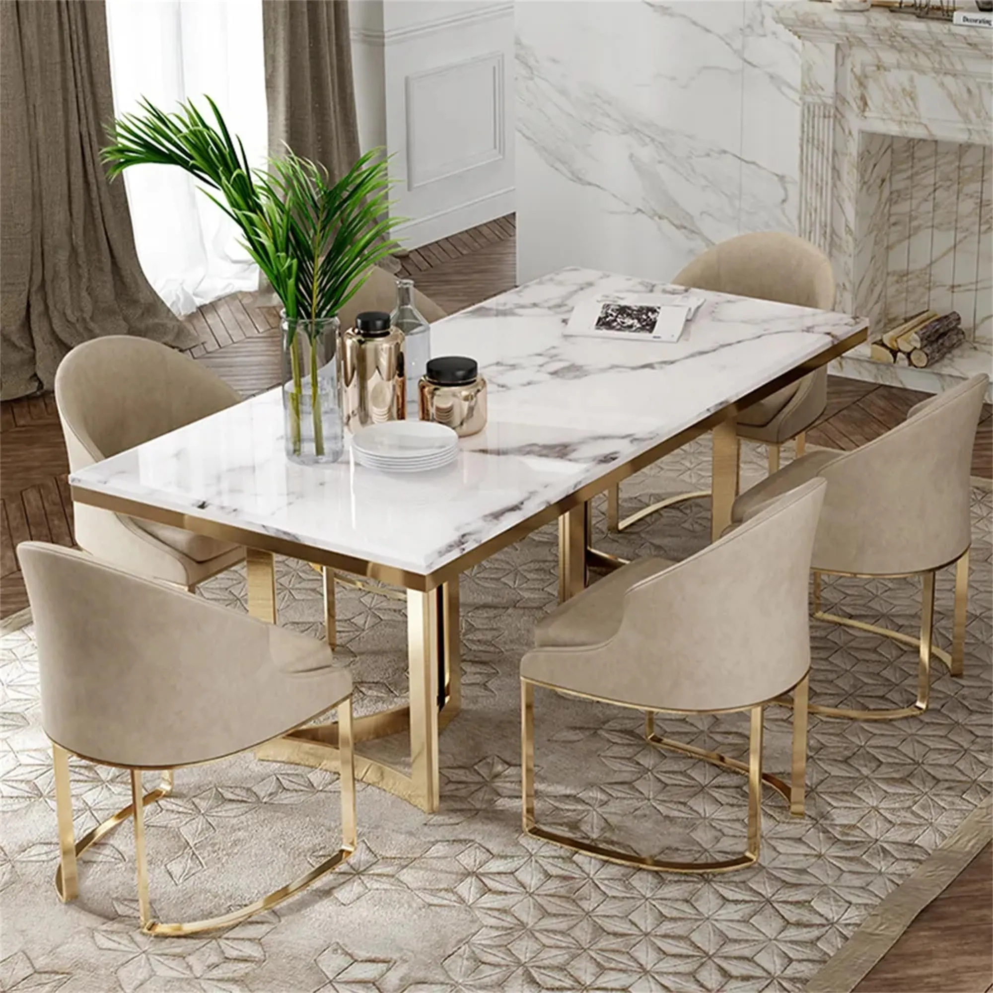 Modern Marble Kitchen Dining Table, Rectangular Tabletop Gold Stainless Legs, White Gold -- 71 inch