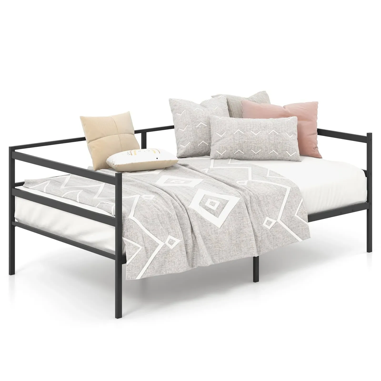 KOMFOTT Metal Twin Daybed Frame with Metal Slat Support & 3-Sided Guardrails