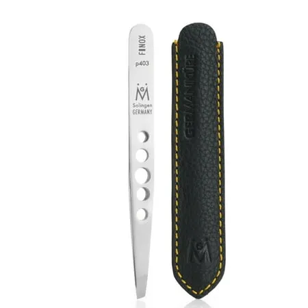 Germanikure Professional Perforated Slanted Tweezers - Finox Stainless Steel in Leather Case - Ethically Made in Solingen Germany - 4403